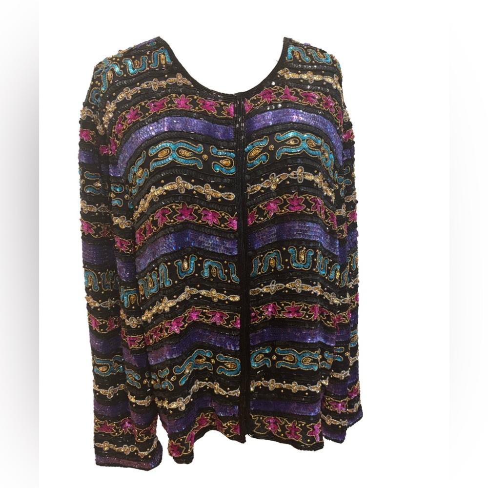 VTG NINA PICCALINO PLUS SILK BLACK MULTICOLOR SEQUINED & BEADED JACKET SZ 3X - Picture 5 of 10